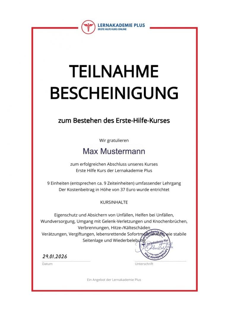 Teilnahmebescheinigung der Lernakademie Plus f&uuml;r den Erste-Hilfe-Kurs Online