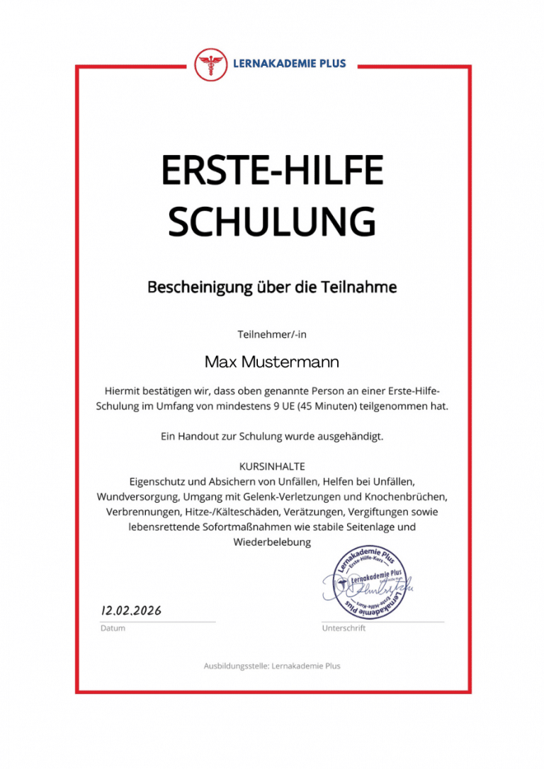 Teilnahmebescheinigung der Lernakademie Plus f&uuml;r den Erste-Hilfe-Kurs Online