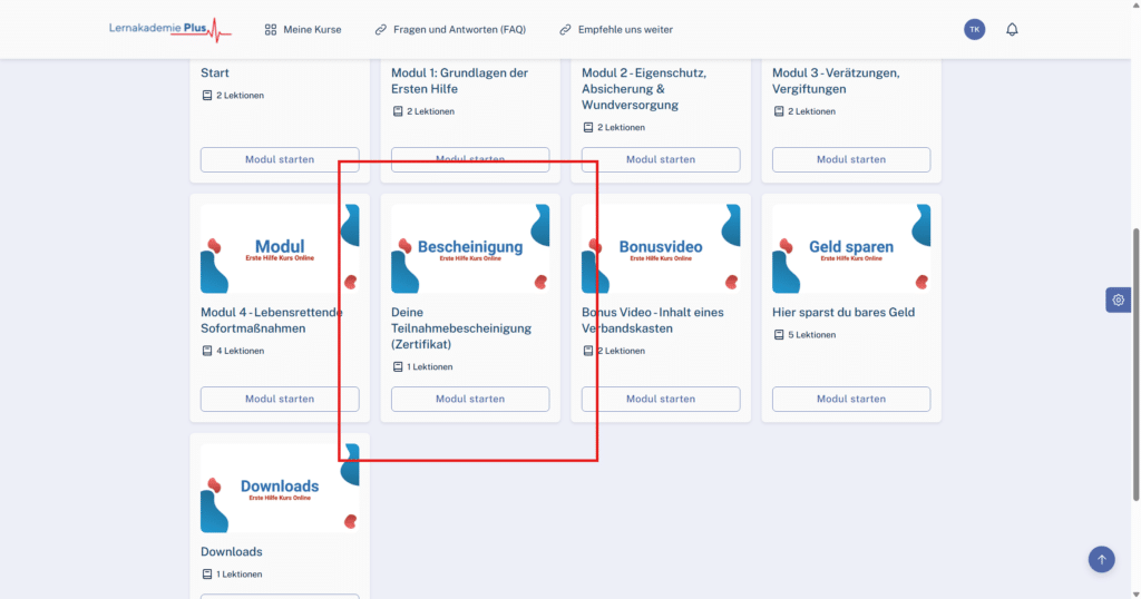Modul Teilnahmebescheinigung öffnen