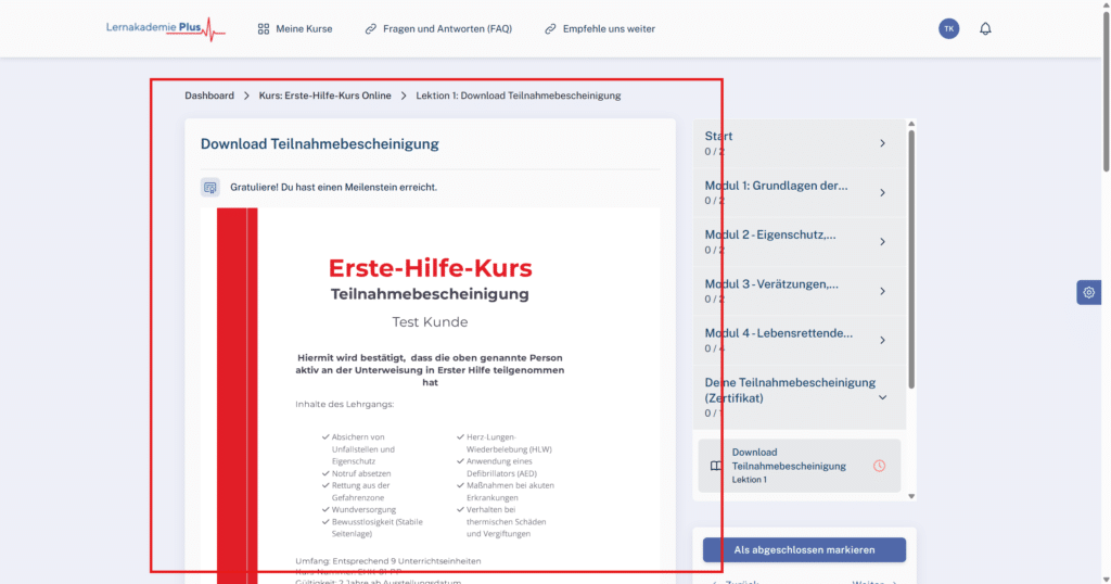 Automatisch generierte Teilnahmebescheinigung