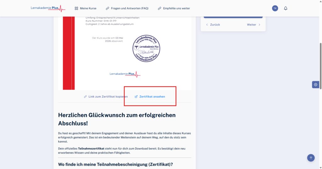 Teilnahmebescheinigung ansehen