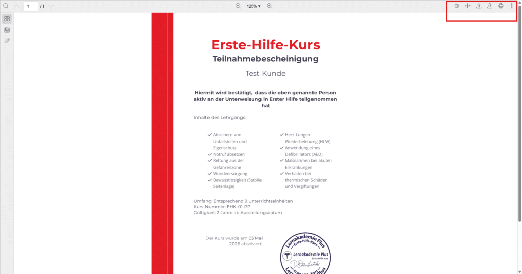 Teilnahmebescheinigung als PDF herunterladen oder drucken