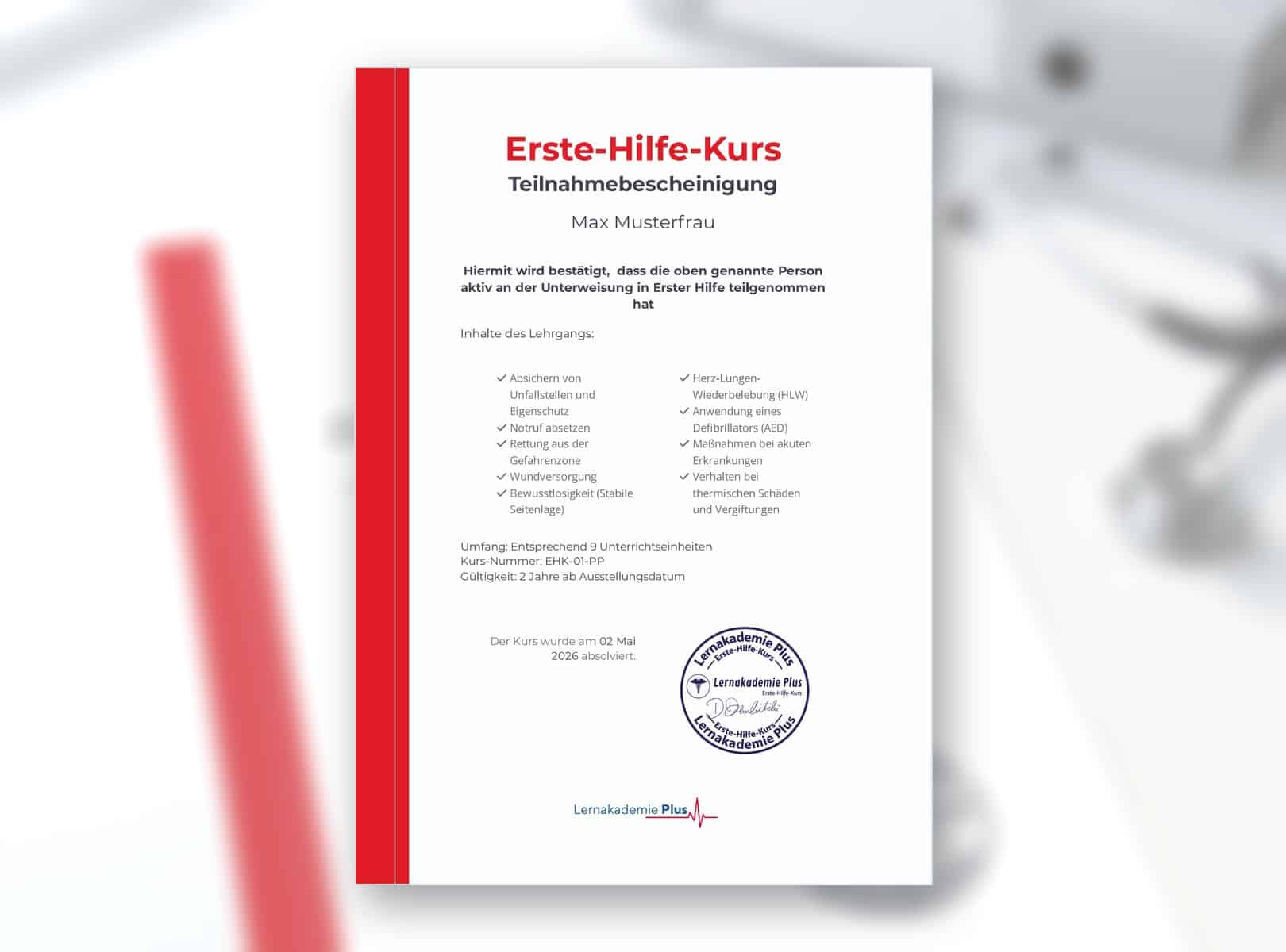 Personalisierte Teilnahmebescheinigung des Erste Hilfe Kurs Online der Lernakademie Plus