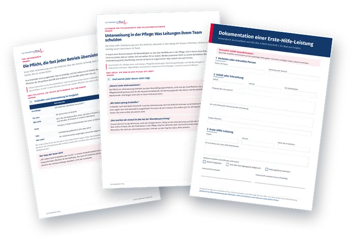 Titelseiten der kostenlosen Leitfäden zu §12 ArbSchG und zur Pflege sowie der Verbandbuch-Vorlage